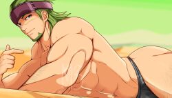  1boy alternate_costume arachmo artist_name bara bikini_briefs commentary english_commentary facial_hair fire_emblem fire_emblem:_the_sacred_stones gerik_(fire_emblem) goatee green_hair highres lying male_focus male_underwear muscular muscular_male navel nintendo on_stomach scar scar_on_face solo topless_male underwear watermark 