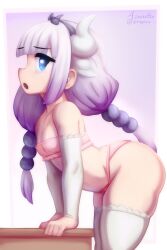  1girl :o absurdres arched_back arm_support artist_name azuretto bare_shoulders beads blue_eyes blunt_bangs border bra cowboy_shot detached_sleeves female_focus flat_chest from_side gradient_background gradient_hair hair_beads hair_ornament hairband highres horns huge_filesize kanna_kamui kobayashi-san_chi_no_maidragon leaning_forward loli long_hair long_sleeves multicolored_hair multiple_horns navel open_mouth outside_border panties pink_bra pink_panties profile purple_background purple_hair purple_hairband raised_eyebrows sidelocks signature simple_background solo standing strapless strapless_bra string_panties thick_thighs thighhighs thighs twitter_username twitter_x_logo underwear underwear_only white_border white_horns white_sleeves white_thighhighs  rating:Sensitive score:137 user:AngryZapdos