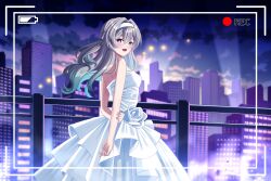  1girl absurdres alternate_costume battery_indicator blush cityscape dress firefly_(honkai:_star_rail) frilled_dress frills gradient_eyes gradient_hair green_pupils grey_hair hair_between_eyes hair_intakes hairband hand_on_own_arm highres honkai:_star_rail honkai_(series) long_hair looking_back misogihara3 multicolored_eyes multicolored_hair off-shoulder_dress off_shoulder open_mouth railing recording smile solo two-tone_eyes viewfinder wedding_dress white_dress white_hairband 