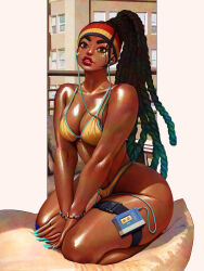  1girl aqua_hair aqua_nails aqua_trim azuma_yasuo bandaid bandaid_on_face bikini black_hair bracelet breasts brown_lips cleavage colored_tips dark_skin dreadlocks earbuds earphones highleg highleg_bikini highres jewelry kimberly_jackson looking_at_viewer multicolored_hair multicolored_headband official_alternate_costume official_alternate_hairstyle parted_lips seiza sitting solo sticker_on_face street_fighter street_fighter_6 swimsuit thick_eyebrows thick_thighs thigh_strap thighs very_dark_skin walkman wide_hips yellow_bikini 