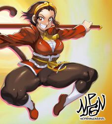  1girl arm_out_of_frame artist_name bandaged_chest bandages breasts brown_fur brown_hair cameltoe capcom floating furry gold gradient_background handkerchief highres holding holding_weapon japanese_clothes kimono large_breasts marvel_vs._capcom marvel_vs._capcom_2 monkey_girl nopennamegirl orange_eyes pantyhose shoes signature smile son_son sonson spread_legs staff tail teeth weapon yellow_background 