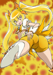 10s 1girl ass bike_shorts bike_shorts_under_skirt blonde_hair boots bow brooch cameltoe cure_sunshine female_focus gokkun_tororojiru heart heart_brooch heartcatch_precure! high_heel_boots high_heels jewelry long_hair magical_girl midriff myoudouin_itsuki navel orange_bow precure shorts shorts_under_skirt solo twintails wrist_cuffs yellow_background yellow_eyes yellow_theme rating:Questionable score:26 user:danbooru