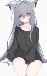  1girl @_@ absurdres ahoge alternate_costume animal_ear_fluff animal_ears aqua_eyes arm_at_side bare_legs between_legs black_halo black_sweater blue_archive blush broken_halo casual collarbone commentary_request cowboy_shot cross_hair_ornament crossed_bangs extra_ears feet_out_of_frame frown grey_hair hair_between_eyes hair_intakes hair_ornament halo hand_between_legs heart highres huge_ahoge invisible_chair long_hair long_sleeves looking_at_viewer no_pants nui_(nuinui0300) open_mouth shaded_face shiroko_(blue_archive) shiroko_terror_(blue_archive) simple_background sitting sleeves_past_wrists slit_pupils solo spoken_heart straight_hair sweat sweater thighs variant_set very_long_hair white_background wolf_ears wolf_girl 