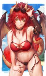 1girl absurdres armlet beach bikini black_bikini blurry breasts cleavage collar cross depth_of_field dragon_girl dragon_horns dragon_tail dragon_wings hair_between_eyes hand_on_own_thigh highleg highleg_bikini highres horns jewelry large_breasts long_hair looking_at_viewer micro_bikini muscular muscular_female nail_polish numanoan outside_border red_bikini red_hair side-tie_bikini_bottom smile solo string_bikini sunglasses swimsuit tail thighs torn_clothes torn_sleeves very_long_hair virtual_youtuber vshojo wings yellow_eyes zentreya zentreya_(dragon) rating:Sensitive score:82 user:danbooru