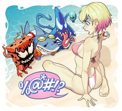  1girl alternate_costume ass barefoot bikini blonde_hair breasts carnage_(marvel) censored_profanity crossover day goggles goggles_on_head gradient_hair gwenpool highres jeff_(marvel) marvel medium_breasts multicolored_bikini multicolored_hair patrick_star percodine pink_bikini pink_hair sand short_hair sitting soles speech_bubble spider-man_(series) spongebob_squarepants spongebob_squarepants_(series) swimsuit symbiote tongue tongue_out two-tone_bikini two-tone_hair venom_(marvel) water white_bikini  rating:Sensitive score:16 user:danbooru
