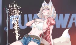  1girl animal_ears bandaid bandaid_hair_ornament bikini blonde_hair blue_hairband blue_nails blue_shorts blue_streaks bracelet breasts denim denim_shorts dog_ears dog_girl dog_tail fuwawa_abyssgard hair_ornament hairband hashtag-only_commentary highres hololive hololive_english horn_hairband jewelry large_breasts navel photo-referenced pink_eyes shorts solo swimsuit tail virtual_youtuber white_bikini yamiescupid 