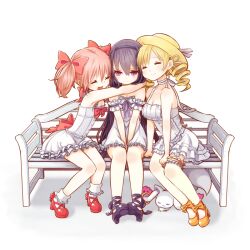  akemi_homura bare_shoulders bench between_legs blonde_hair blush bow breasts buttons cleavage closed_eyes closed_mouth dot_nose dress drill_hair flat_chest footwear_bow frilled_dress frilled_thigh_strap frills hair_between_eyes hair_bow hat hat_ribbon hug kaname_madoka kyubey large_breasts leaning_forward long_hair luminous_(madoka_magica) mahou_shoujo_madoka_magica mahou_shoujo_madoka_magica_(anime) morimaiko multiple_girls no_socks on_bench open_mouth orange_shoes pink_hair purple_eyes purple_hair purple_ribbon purple_shoes red_bow red_shoes ribbon shoes short_hair short_twintails sleeping small_breasts smile socks teeth thigh_strap tomoe_mami twintails upper_teeth_only white_dress white_ribbon white_socks yellow_hat 