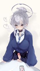  1futa absurdres black_choker black_skirt blue_archive blue_cardigan blue_necktie breasts cardigan cellphone choker collared_shirt crotch_rub cum doodle_sensei_(blue_archive) erection fromoutremer futanari futanari_masturbation grey_eyes grey_hair grey_halo hair_ornament hair_stick halo heart highres itokonoue_kaoru large_breasts long_sleeves masturbation necktie open_mouth penis phone project_kv saliva saliva_trail sensei_(blue_archive) shirt simple_background skirt smartphone solo table_humping testicles tongue tongue_out uncensored white_background white_shirt 