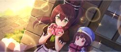  2girls apron beret blue_hat blush bow box brown_bow brown_dress brown_hair child closed_mouth day dress game_cg gift green_eyes hair_between_eyes hair_bow hair_tie hat hat_ornament heart-shaped_box high_ponytail highres holding holding_gift komekko kono_subarashii_sekai_ni_shukufuku_wo! konosuba!_fantastic_days large_bow lean_(konosuba) long_hair looking_at_another looking_at_viewer multiple_girls official_alternate_costume official_art outdoors ponytail puffy_short_sleeves puffy_sleeves raccoon_tail red_eyes short_hair short_sleeves short_twintails sidelocks star_(symbol) star_hat_ornament sunlight tail twintails valentine waist_apron white_apron 