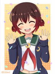  1girl blue_jacket brown_eyes brown_hair crescent crescent_pin gradient_hair green_sailor_collar green_skirt highres jacket jewelry kantai_collection long_sleeves multicolored_hair mutsuki_(kancolle) mutsuki_kai_ni_(kancolle) neckerchief ootori_(kyoya-ohtori) open_mouth pantyhose pleated_skirt red_hair red_neckerchief ring sailor_collar school_uniform serafuku short_hair skirt solo twitter_username upper_body wedding_ring white_background yellow_background 