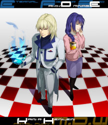  1boy 1girl akiko_jam beato2528 blonde_hair blue_eyes braid cardigan character_name checkered_floor copyright_name energy eternal_fighter_zero fatal_fury formal_clothes garou:_mark_of_the_wolves hair_intakes hair_over_shoulder hand_in_pocket highres jam kain_r_heinlein kanon long_hair long_sleeves looking_at_viewer m.u.g.e.n minase_akiko perspective purple_hair single_braid smile standing suit white_background white_suit 