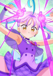 armpits blue_streaks bow bow_choker brooch choker commentary_request cure_kyunkyun dress earrings hair_bun headset heart heart_brooch heart_hair_bun highres idol_heart_brooch jewelry kimi_to_idol_precure kyunkyun_laser laser magical_girl off_shoulder plaid_bow plaid_clothes plaid_dress plaid_sleeves pout precure purple_bow purple_choker purple_wrist_cuffs shigure_kokoro shirt single-shoulder_shirt single_bare_shoulder sleeveless teardrop_earrings tiler_(tiler00) wrist_cuffs