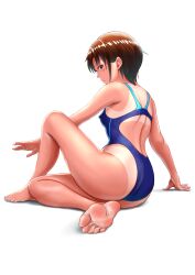  1girl arm_support ass back barefoot blue_one-piece_swimsuit blush breasts brown_hair closed_mouth competition_swimsuit covered_erect_nipples feet female_focus from_behind full_body highleg highleg_one-piece_swimsuit highres knee_up lips looking_at_viewer looking_back one-piece_swimsuit original red_eyes short_hair sideboob simple_background sitting small_breasts soles solo swimsuit tan tanline thighs toes tomboy uriens white_background 