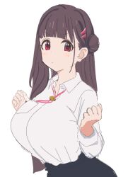  1girl bad_id bad_twitter_id black_skirt blunt_bangs blush bolo_tie breast_pocket breasts brown_hair clenched_hands closed_mouth collared_shirt commentary_request dress_shirt hair_bun hair_ornament hairclip highres large_breasts long_hair original osakana_(kitasisn) pocket purple_eyes sakazaka-chan_(osakana) shirt shirt_tucked_in simple_background single_hair_bun skirt solo upper_body v-shaped_eyebrows white_background white_shirt 