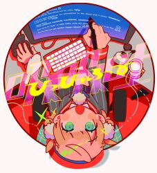  1girl absurdres blonde_hair chair computer_keyboard cup english_text green_eyes highres holding holding_stylus indie_virtual_youtuber magotsuki_(hurray) mug open_mouth shigure_ui_(vtuber) sitting solo stylus virtual_youtuber 