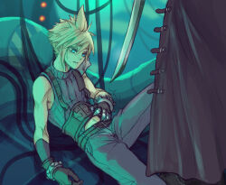  2boys armor blonde_hair blue_eyes clothes_lift cloud_strife cloudcloudcloud commentary empty_eyes english_commentary final_fantasy final_fantasy_vii gloves hand_on_own_stomach holding holding_sword holding_weapon imminent_death imminent_murder lying male_focus masamune_(ff7) multiple_boys on_ground pauldrons possessed sephiroth shaking shirt_lift short_hair shoulder_armor single_pauldron spiked_hair sweat sword weapon 
