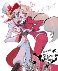  2boys 2girls alastor_(hazbin_hotel) apple ass black_bow black_bowtie black_skin blonde_hair bow bowtie breasts charlie_morningstar colored_sclera colored_skin fangs father_and_daughter feet_out_of_frame food fruit grin hat hazbin_hotel heart jacket long_sleeves lucifer_morningstar_(hazbin_hotel) medium_breasts multiple_boys multiple_girls oji_(og_for_sight) pants red_eyes red_hat red_jacket red_pants red_shirt sharp_teeth shirt short_hair simple_background smile striped_clothes striped_shirt teeth tongue top_hat vaggie white_background white_hat white_jacket white_pants white_shirt white_skin yellow_sclera 