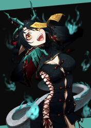  1girl absurdres arknights black_dress black_hair breasts chinese_commentary cleavage cleavage_cutout clothing_cutout colored_extremities commentary cowboy_shot cross-laced_clothes cross-laced_dress dragon_girl dragon_horns dragon_tail dress dusk_(arknights) energy fingernails ghosty_(xiaobai) highres hitodama horns jiangshi large_breasts long_fingernails long_hair long_sleeves looking_at_viewer making-of_available navel_cutout no_panties ofuda ofuda_on_head open_mouth orange_eyes pointy_ears procreate_(medium) sharp_fingernails solo standing tail wide_sleeves 