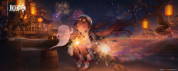 1girl absurdres artist_name boo_tao_(genshin_impact) brown_eyes brown_hair copyright_name dress eyewear_on_head fire fireworks full_body genshin_impact hat highres holding holding_fireworks hu_tao_(cherries_snow-laden)_(genshin_impact) hu_tao_(genshin_impact) jewelry lantern long_hair long_sleeves looking_at_viewer night night_sky open_mouth orange_eyes outdoors rain_sama scenery shoes sky smile socks solo sparkle sparkler squatting star_(sky) starry_sky tree twintails very_long_hair