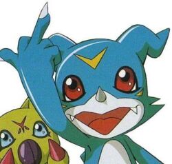  blue_eyes digimon digimon_(creature) digimon_adventure_02 fangs happy middle_finger red_eyes simple_background smile third-party_edit v-mon white_background wormmon  rating:Questionable score:1 user:Chaos11