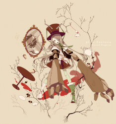  1boy androgynous antlers asymmetrical_footwear black_vest boots branch broken_mirror brown_hat brown_skirt buttons commentary_request constricted_pupils cookie cup d: different_reflection food green_boots green_pantyhose green_ribbon grey_hair hair_over_one_eye hat horns long_hair looking_at_viewer male_focus mirror mismatched_footwear open-toe_boots open_clothes open_mouth open_vest pantyhose pixiv_fantasia pixiv_fantasia_sword_regalia red_eyes reflection ribbon rock_arms saucer shikimi_(yurakuru) shirt short_sleeves skirt standing striped_clothes striped_pantyhose table teacup top_hat vertical-striped_clothes vertical-striped_pantyhose very_long_hair vest white_boots white_shirt 