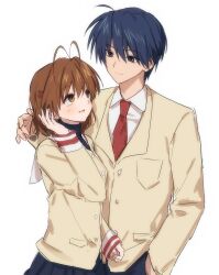  1boy 1girl absurdres antenna_hair blazer blue_eyes blue_hair brown_eyes brown_hair brown_jacket clannad couple furukawa_nagisa highres hikarizaka_private_high_school_uniform jacket korean_commentary necktie okazaki_tomoya red_necktie saang2cm school_uniform short_hair simple_background white_background 