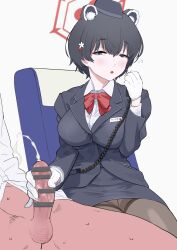  1boy 1girl animal_ears black_hair black_hat black_pantyhose blue_archive blush bow bowtie breasts commentary_request crotch_seam cum ejaculation erection extra_ears garrison_cap gloved_handjob gloves halo handjob hat hetero highres large_breasts long_sleeves looking_at_viewer mazarimon official_alternate_costume panties panties_under_pantyhose pantyhose pencil_skirt penis projectile_cum raccoon_ears raccoon_girl red_bow red_bowtie red_halo shirt short_hair simple_background sitting skirt sleepy squeans thighband_pantyhose tour_guide translation_request tsubaki_(blue_archive) tsubaki_(guide)_(blue_archive) underwear walkie-talkie white_gloves white_shirt  rating:Explicit score:22 user:danbooru