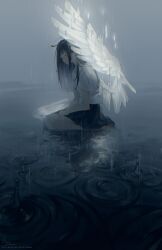  1girl absurdres angel angel_wings black_skirt closed_eyes crying feathered_wings glitch halo highres kneeling_on_liquid long_hair open_mouth original ripples ryane_(yry_0) shirt skirt solo tears water white_shirt wings 
