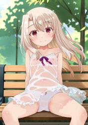  1girl bare_shoulders bench blush breasts camisole closed_mouth covered_erect_nipples covered_navel dress exhibitionism fate/kaleid_liner_prisma_illya fate_(series) highres illyasviel_von_einzbern loli long_hair looking_at_viewer outdoors panties park park_bench public_indecency public_nudity red_eyes see-through_clothes sidelocks sitting small_breasts smile solo spread_legs underwear usayaki_soba wet wet_clothes wet_dress wet_panties white_camisole white_hair white_panties 