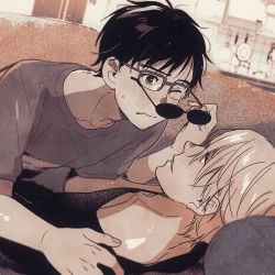 2boys bad_id bad_pixiv_id black_eyes black_hair black_shirt blurry blush couch cupboard depth_of_field dutch_angle eyelashes frying_pan glasses katsuki_yuuri kitchen looking_at_another lying male_focus monochrome multiple_boys one_eye_closed profile shirt short_hair smile sunglasses sweatdrop tadano53 viktor_nikiforov white_hair yaoi yuri!!!_on_ice rating:Sensitive score:0 user:danbooru
