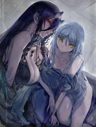  2girls abyssal_ship battleship_princess black_dress black_hair black_nails breasts cleavage closed_mouth commentary_request dress grey_hair hair_between_eyes highres horns indoors kantai_collection large_breasts long_hair long_hair_between_eyes multiple_girls off_shoulder pale_skin red_eyes sailor_collar sailor_shirt shirt skin-covered_horns sleeveless sleeveless_dress ta-class_battleship walzrj yellow_eyes 