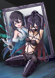  2girls absurdres arms_up bdsm black_bra black_hair black_pantyhose blue_eyes blue_necktie bondage bondage_mittens bound bra breasts collarbone elbow_gloves femdom gag gag_harness gagged gloves harness highres kneeling legbinder long_hair looking_at_another looking_to_the_side magic multiple_girls navel necktie open_mouth original panties panties_under_pantyhose pantyhose plug_gag red_eyes restrained ring_gag shibarikini shirt sideboob sidelocks sleeveless sleeveless_turtleneck small_breasts stomach turtleneck turtleneck_shirt underwear very_long_hair white_gloves xiongmao 