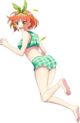  1girl ass barefoot bikini bikini_shorts blue_eyes fish full_body go-toubun_no_hanayome green_bikini green_hairband hairband highres nakano_yotsuba official_art open_mouth orange_hair plaid_bikini plaid_clothes short_hair shorts simple_background solo swimsuit teeth transparent_background upper_teeth_only 