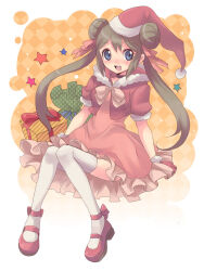  10s 1girl blue_eyes blush brown_hair christmas cubexcube dress full_body gift hair_bun hair_ornament hair_ribbon hat nintendo open_mouth pokemon pokemon_bw2 ribbon rosa_(pokemon) santa_hat shoes sitting smile solo star_(symbol) twintails 