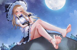  1girl absurdres bandaged_foot bandages bare_legs barefoot black_bow black_bowtie black_hat blonde_hair bow bowtie braid breasts cloud commentary commission crossed_legs feet frills hair_bow hat highres kirisame_marisa legs long_hair moon nail_polish night second-party_source sitting sky soles solo star_(sky) starry_sky toenail_polish toenails toes touhou variant_set vibrator_on_soles witch_hat wristband xingchee yellow_eyes 