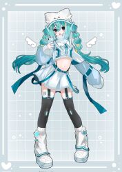  1girl animal_hat black_thighhighs blush boots bow braid cellphone crop_top frilled_skirt frills full_body garter_straps grid_background hair_bow hair_ornament hair_ribbon hat hatsune_miku highres holding holding_phone iphone kakokodesu4o leg_warmers long_hair looking_at_viewer midriff multiple_hair_bows navel open_mouth phone puffy_sleeves ribbon shoes skirt sleeves_past_fingers sleeves_past_wrists smartphone socks solo standing thighhighs twin_braids twintails vocaloid white_boots white_leg_warmers white_shoes 