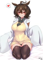  1girl agnes_tachyon_(umamusume) ahoge alternate_legwear animal_ears black_necktie black_panties black_shirt blush breasts brown_hair brown_thighhighs cardigan coat commentary_request earrings full_body grin hair_between_eyes heart highres hisagi_(hisagi00) horse_ears jewelry large_breasts long_sleeves looking_at_viewer medium_hair necktie no_pants open_clothes open_coat panties seiza shirt simple_background sitting sleeves_past_fingers sleeves_past_wrists smile solo spoken_heart thighhighs umamusume underwear white_background white_coat yellow_cardigan 