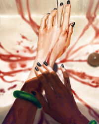 1girl bangle black_nails blood blood_on_hands blurry blurry_background bracelet depth_of_field guweiz hand_focus highres jewelry nail_polish original out_of_frame plug sink solo washing_hands water rating:Sensitive score:5 user:danbooru