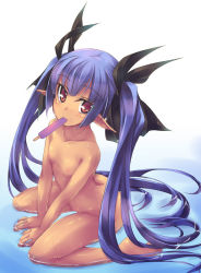 1girl blue_hair blush dark-skinned_female dark_elf dark_skin elf female_focus flat_chest food kneeling loli long_hair mouth_hold nude original pointy_ears popsicle red_eyes shimakaze_(soundz_of_bell) solo twintails wet rating:Questionable score:58 user:danbooru