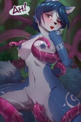 1girl ;o animal_ears arms_behind_back blue_fur blue_hair blurry blurry_background blush body_markings breasts completely_nude consensual_tentacles english_text female_focus fox_ears fox_girl fox_tail furry furry_female grabbing_another&#039;s_arm grabbing_another&#039;s_breast green_eyes groping heart heart-shaped_pupils krystal large_breasts looking_at_viewer moaning nature navel nintendo nipples nude one_eye_closed open_mouth outdoors pussy pussy_juice restrained sex short_hair slime_(substance) solo spread_legs star_fox star_fox_adventures steam symbol-shaped_pupils tail teeth tentacles thick_thighs thighs tomaire uncensored upper_teeth_only vaginal white_fur