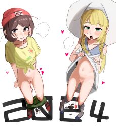  2024 2girls :o beanie blonde_hair blush braid brown_hair cleft_of_venus closed_mouth clothes_lift clothes_pull collarbone commentary_request dress dress_lift from_above green_eyes green_shorts haidao_mao hat heart highres lifting_own_clothes lillie_(pokemon) long_hair multiple_girls navel nintendo open_mouth petite pokemon pokemon_sm pussy red_hat selene_(pokemon) sex_toy shirt shoes short_sleeves shorts shorts_pull standing sweatdrop tied_shirt twin_braids vibrator vibrator_cord white_background white_dress yellow_shirt  rating:Explicit score:113 user:danbooru