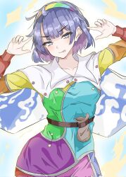  1girl :q bag blue_eyes blue_hair blunt_bangs cape cloud_print colored_inner_hair commentary_request hairband highres index_finger_raised kakineko long_sleeves looking_at_viewer multicolored_hair multicolored_hairband patchwork_clothes short_hair solo starry_sky_print tenkyuu_chimata tongue tongue_out touhou white_cape 
