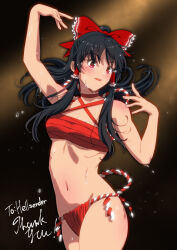 1girl bikini black_hair bow breasts collarbone commission frilled_bow frilled_hair_tubes frills hair_bow hair_tubes hakurei_reimu long_hair midriff murasaki_tsutsuji red_bow red_eyes ribbon_trim sidelocks small_breasts solo sweat swimsuit touhou 