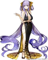  1girl absurdly_long_hair arm_under_breasts bb_(fate) bb_dubai_(fate) belly_chain black_dress braid braided_hair_rings breasts center_opening cleavage curvy dress fabulous facial_hair fate/grand_order fate_(series) full_body gold_dress hair_ribbon hair_rings huge_breasts jewelry long_hair nail_polish necklace official_art plunging_neckline purple_eyes purple_hair ribbon side_slit sideboob simple_background solo stubble twin_braids very_long_hair wada_arco white_background yellow_ribbon 