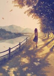  1girl arms_behind_back black_shoes black_skirt bridge brown_hair commentary_request dappled_sunlight evening falling_leaves fence field forest from_behind grass harucoro25 highres hill leaf long_hair medium_skirt nature original outdoors own_hands_clasped own_hands_together path pleated_skirt power_lines river road scenery school_uniform shade shirt shoes short_sleeves skirt sky solo straight_hair sunlight tree utility_pole walking water white_shirt white_sky wide_shot wooden_fence 
