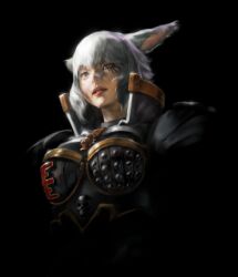  1girl animal_ears armor black_background boobplate breastplate cat_ears crossover final_fantasy final_fantasy_xiv formtheheadcom grey_eyes highres inquisition_(warhammer) looking_down robyn_addison scar short_hair simple_background solo upper_body warhammer_40k white_hair y&#039;shtola_rhul 