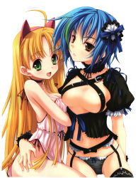 10s 2girls :d absurdres ahoge animal_ears asia_argento black_garter_belt black_panties black_thighhighs blonde_hair blue_hair bottomless brown_eyes fake_animal_ears garter_belt garter_straps green_eyes hair_ornament high_school_dxd highres long_hair miyama-zero multiple_girls open_mouth panties puffy_short_sleeves puffy_sleeves scan short_sleeves smile thighhighs underwear wrist_cuffs xenovia_quarta rating:Questionable score:73 user:danbooru