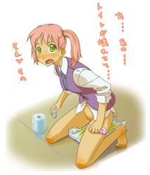  1girl barefoot blue_necktie blush diaper embarrassed female_focus green_eyes holding indoors kneeling long_hair looking_at_viewer necktie open_mouth peeing pink_hair purple_vest raised_eyebrow satsuyo school_uniform shirt simple_background sleeves_rolled_up solo sweat sweatdrop toilet_paper translated twintails uncensored vest wavy_mouth white_background white_shirt  rating:Explicit score:42 user:huzzaman