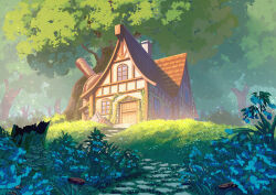  banjie blue_flower chimney chinese_commentary commentary_request day door flower forest gensokyo grass house kirisame_magic_shop nature no_humans outdoors scenery touhou tree tree_stump window 