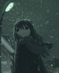  1girl artist_name black_eyes black_hair building coat food food_on_head highres kurohanenone lamppost long_hair night object_on_head outdoors shimeji_simulation snow snow_on_body snow_on_clothes snow_on_head snowing sweater tsukishima_shijima winter winter_clothes winter_coat 